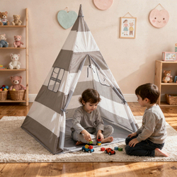 Teepee Tent for Kids Play House With Balls Indoor Outdoor Tipi, grey and white stripes, No Balls