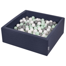 KiddyMoon Baby Foam Ball Pit with Balls ∅ 7cm / 2.75in Square Made in EU, dark blue:white/grey/mint, 90x30cm/300 balls