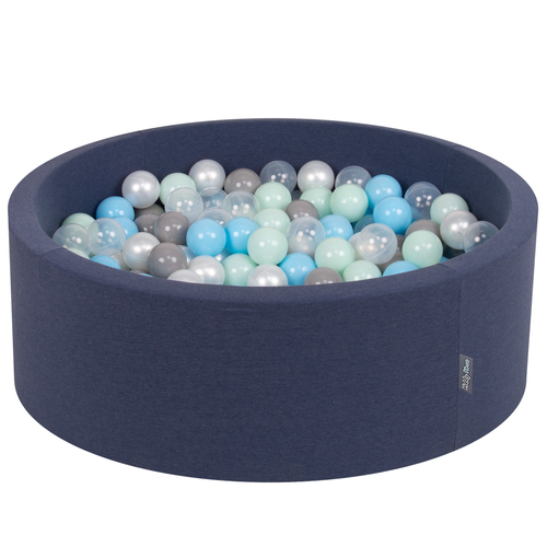 KiddyMoon Baby Foam Ball Pit with Balls ∅ 7cm / 2.75in Made in EU, d.blue:pearl/grey/transparent/babyblue/mint, 90 x 30 cm / 300 Balls