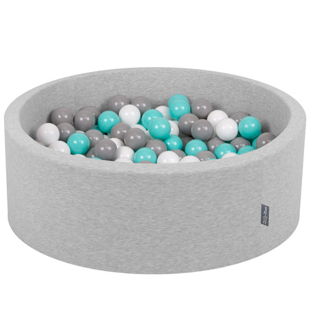 KiddyMoon Baby Foam Ball Pit with Balls ∅ 7cm / 2.75in Made in EU, light grey:white/grey/light turquoise, 90x30cm/200 balls