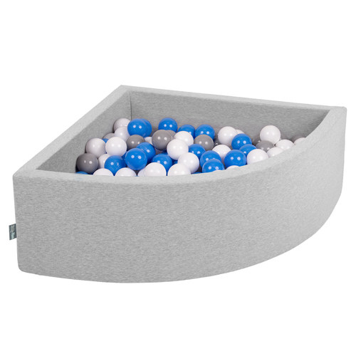 KiddyMoon Soft Ball Pit Quarter Angular ∅ 7cm / 2.75In for Kids, Foam Ball Pool Baby Playballs, Made In The EU, light grey:grey/white/blue, 90x30cm/200 balls