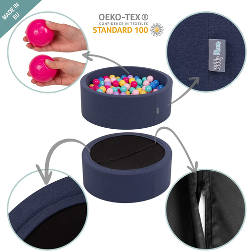 KiddyMoon Soft Ball Pit Round  ∅ 7Cm / 2.75In For Kids, Foam Ball Pool Baby Playballs Children, Made In The EU, dark blue:pearl/grey/transparent/babyblue/mint, 120x30cm/600 balls