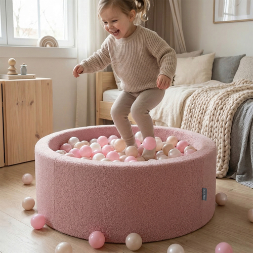 KiddyMoon Ball Pit for Baby with Teddy Plush, Large 7 cm Balls for a Fuller Ball Pit, From 8 Months, Removable Cover, Pink: Pastel Blue/Pastel Yellow/White/Mint/Powder Pink, 90 x 30 cm / 200 Balls