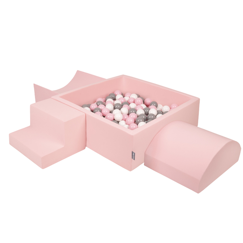 KiddyMoon Foam Playground for Kids with Square Ballpit ( ∅ 7cm/2.75In) Soft Obstacles Course and Ball Pool, Certified Made In The EU, pink:white/grey/powder pink, Ballpit (200 Balls) + Version 6