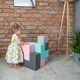 KiddyMoon Soft Foam Cubes Building Blocks 14cm for Children Multifunctional Foam Construction Montessori Toy for Babies, Certified Made in The EU, light grey-dark grey-pink-mint, 9 Pieces