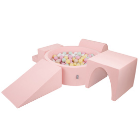 KiddyMoon Foam Playground for Kids with Round Ballpit ( ∅ 7cm/2.75In) Soft Obstacles Course and Ball Pool, Certified Made In The EU, pink:pastel beige/pastel yellow/white/mint/light pink, Ballpit (300 Balls) + Version 3