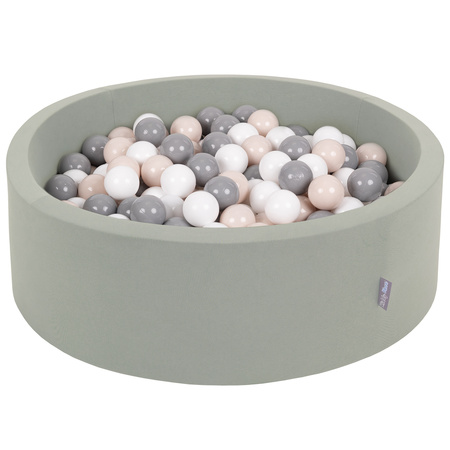 KiddyMoon Baby Foam Ball Pit with Balls ∅ 7cm / 2.75in, sage: pastel beige/grey/white, 90x30cm/200 balls