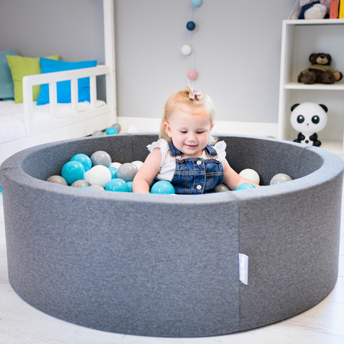 KiddyMoon Baby Foam Ball Pit with Balls ∅ 7cm / 2.75in Made in EU, dark grey:white/grey/light turquoise, 90x30cm/200 balls
