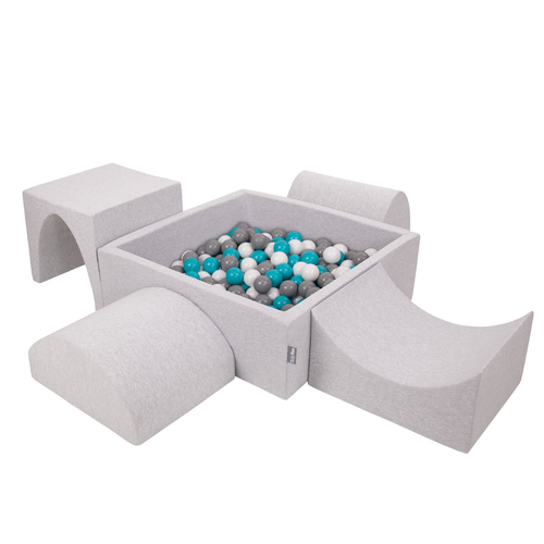 KiddyMoon Foam Playground for Kids with Square Ball pit ( ∅ 7cm/2.75In) Soft Obstacles Course and Ball Pool, Certified Made In The EU, lightgrey:grey/white/turquoise, Ballpit (300 Balls) + Version 1