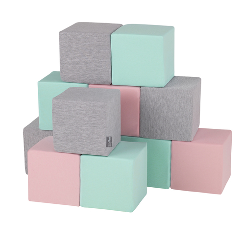 KiddyMoon Soft Foam Building Blocks for Babies & Toddlers, Washable Cotton Zip Cover, 14cm Cubes, Sensory Toy, cubes:light grey-pink-mint, 12 Pieces
