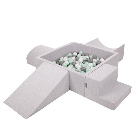 KiddyMoon Foam Playground for Kids with Square Ballpit ( ∅ 7cm/2.75In) Soft Obstacles Course and Ball Pool, Certified Made In The EU, lightgrey:white/grey/mint, Ballpit (200 Balls) + Version 5