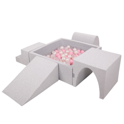 KiddyMoon Foam Playground for Kids with Square Ball pit ( ∅ 7cm/2.75In) Soft Obstacles Course and Ball Pool, Certified Made In The EU, lightgrey:powderpink/pearl/transparent, Ballpit (200 Balls) + Version 3