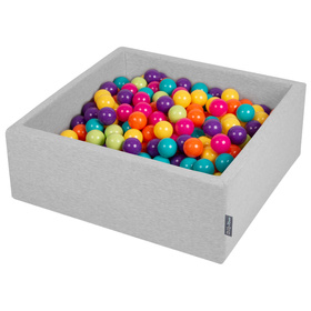 KiddyMoon Baby Foam Ball Pit with Balls ∅ 7cm / 2.75in Square Made in EU, light grey:l green/yellow/turq/orange/dpink/purple, 90x30cm/200 balls