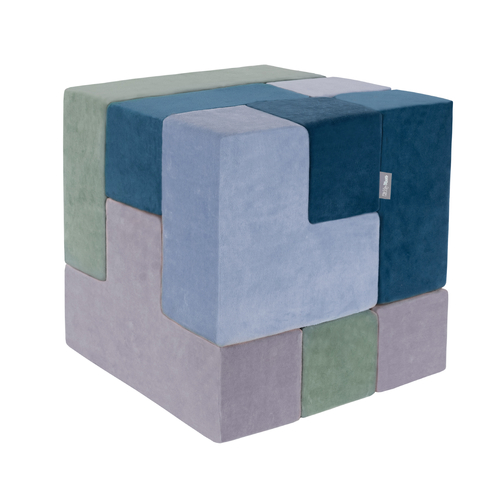 KiddyMoon Soft Foam Cubes with Velvet Cover Building Blocks for Children, laguna blue-forest green-ice blue-grey mountains, 9 Pieces