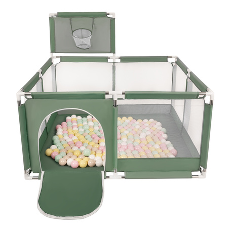 square play pen filled with plastic balls basketball, green:pastel beige/pastel yellow/white/mint/light pink, 400 balls