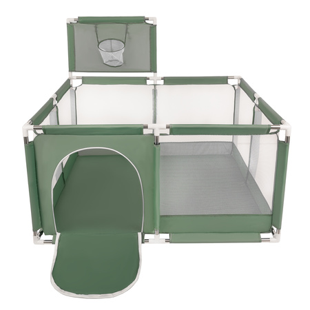 square play pen filled with plastic balls basketball, green:turquoise/blue/yellow/transparent, 100 balls