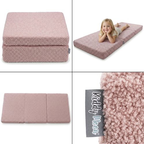 KiddyMoon Foam Mattress with Pillow for Children with Teddy Bear Fabric, Multifunctional and Foldable for Toddlers, pink, Mattress with Pillow