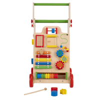 KiddyMoon Wooden Baby Walker Interactive Educational Toy for Children Multifunctional Push-Along Toy for Babies Montessori Walker for Kids Model WK-002, Multicolored, Adjustable Handle