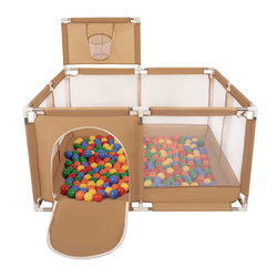 square play pen filled with plastic balls basketball, beige:yellow/green/blue/red/orange, 100 balls