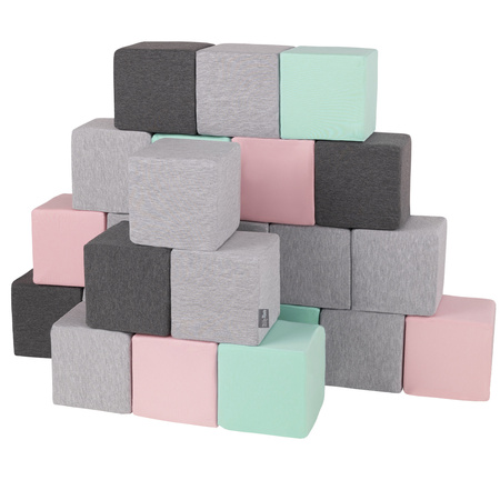 KiddyMoon Soft Foam Cubes Building Blocks 14cm for Children Multifunctional Foam Construction Montessori Toy for Babies, Certified Made in The EU, cubes:light grey-dark grey-pink-mint, 24 Pieces