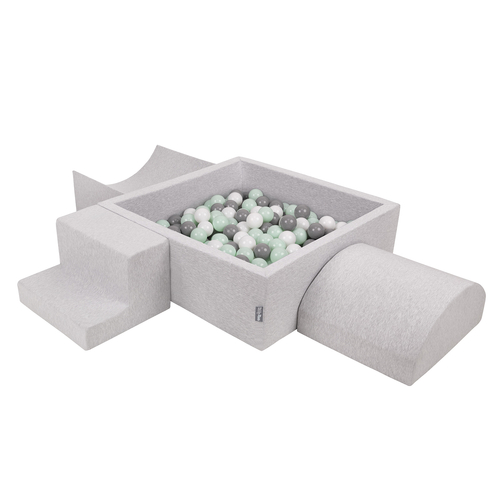 KiddyMoon Foam Playground for Kids with Square Ballpit ( ∅ 7cm/2.75In) Soft Obstacles Course and Ball Pool, Certified Made In The EU, lightgrey:white/grey/mint, Ballpit (300 Balls) + Version 6