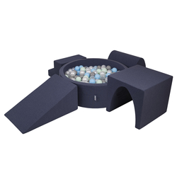 KiddyMoon Foam Playground for Kids with Round Ballpit ( ∅ 7cm/2.75In) Soft Obstacles Course and Ball Pool, Certified Made In The EU, darkblue:pearl/grey/transparent/babyblue/mint, Ballpit (200 Balls) + Version 3