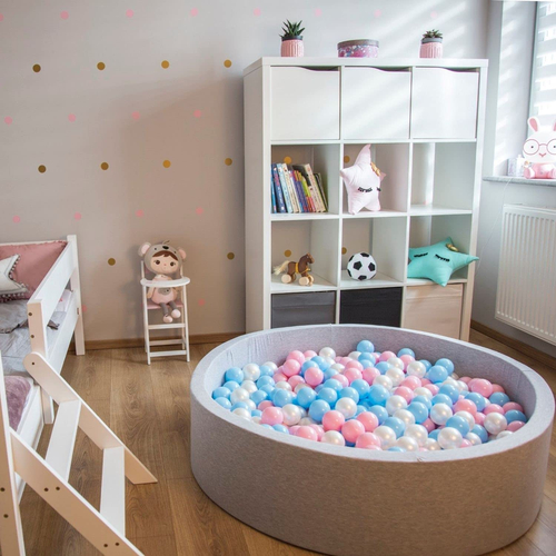 KiddyMoon Soft Ball Pit Round ∅ 7Cm / 2.75In For Kids, Foam Ball Pool Baby Playballs Children, Made In The EU, pink:pastel blue/pastel yellow/white/mint/light pink, 120x30cm/300 balls