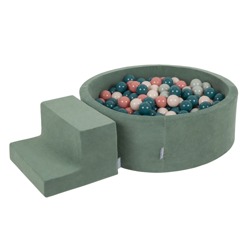 KiddyMoon Foam Playground Velvet for Kids with Round Ball pit (∅ 7cm/2.75In) Soft Obstacles Course and Ball Pool, Certified Made In The EU, forest green:dark turquoise/pastel beige/greygreen/salmon pink, Ballpit (100 Balls) + Steps
