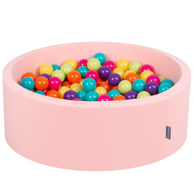 KiddyMoon Baby Foam Ball Pit with Balls ∅ 7cm / 2.75in Made in EU, pink:l.green/yellow/turquoise/orange/d.pink/purple, 90x30cm/300 balls