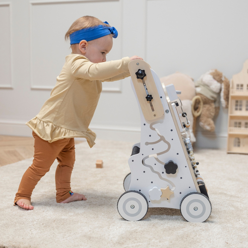 KiddyMoon Wooden Walker for Babies and Toddlers Push-Along WK-001, Black - White, Adjustable Handle