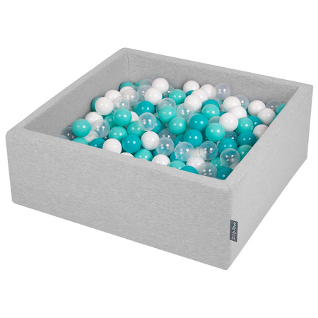 KiddyMoon Baby Foam Ball Pit with Balls ∅ 7cm / 2.75in Square Made in EU, light grey:lt turquoise/white/transparent/turquois, 90x30cm/300 balls