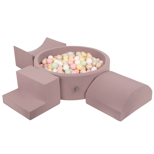 KiddyMoon Foam Playground for Kids with Round Ball pit ( ∅ 7cm/2.75In) Soft Obstacles Course and Ball Pool, Certified Made In The EU, heather: pastel beige/pastel yellow/white/mint/powder pink, Ballpit (300 Balls) + Version 6