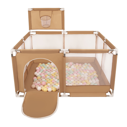 square play pen filled with plastic balls basketball, beige:pastel beige/pastel yellow/white/mint/light pink, 400 balls