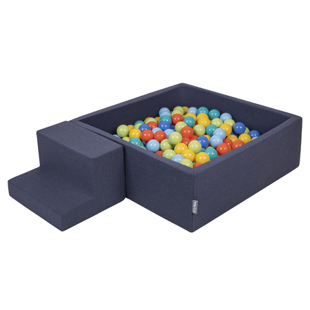 KiddyMoon Foam Playground for Kids with Square Ballpit ( ∅ 7cm/2.75In) Soft Obstacles Course and Ball Pool, Certified Made In The EU, darkblue:lgreen/orange/turquoise/blue/bblue/yellow, Ballpit (100 Balls) + Steps