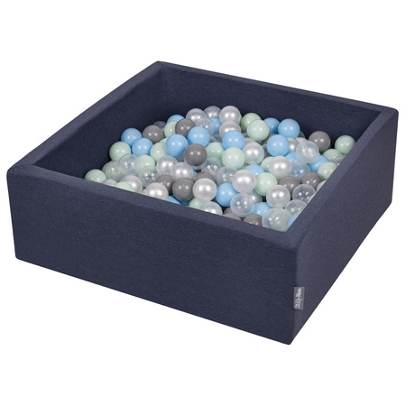 KiddyMoon Baby Foam Ball Pit with Balls ∅ 7cm / 2.75in Square Made in EU, d.blue:pearl/grey/transparent/baby blue/mint, 90x30cm/300 balls