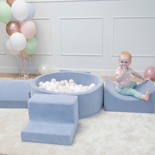 KiddyMoon Foam Playground For Kids Soft Textured Safe Blocks, dark grey: pastel beige/white/perle, Ballpit (100 Balls) + Steps