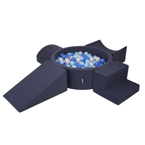 KiddyMoon Foam Playground for Kids with Round Ballpit ( ∅ 7cm/2.75In) Soft Obstacles Course and Ball Pool, Made In The EU, darkblue:babyblue/blue/pearl, Ballpit (200 Balls) + Version 5