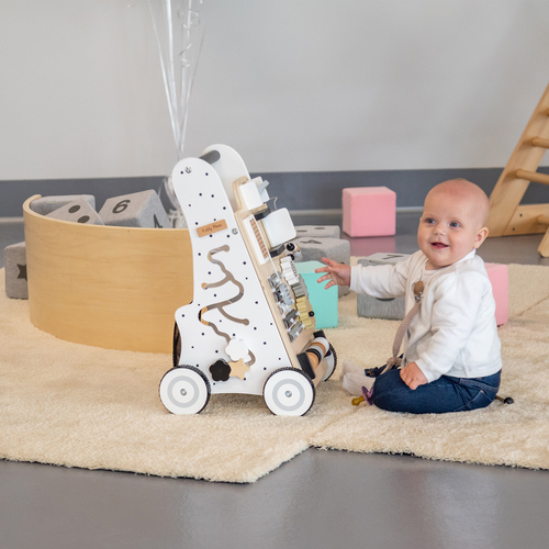 KiddyMoon Wooden Baby Walker Interactive Educational Toy for Children Multifunctional Push-Along Toy for Babies Montessori Walker for Kids Model WK-002, Black - White, Standard