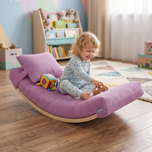 KiddyMoon Balance Board for Kids with Mattress and Pillow Wooden Sensory Wobble Board, natural/light purple, Balance Board/Mattress/Pillow