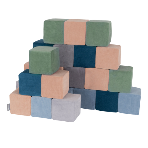 KiddyMoon velvet foam cubes for kids 14cm soft, cubes:lagoon turquoise-forest green-desert pink-ice blue-grey mountains, 24 Pieces