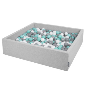 KiddyMoon Soft Ball Pit Square  ∅ 7Cm / 2.75In For Kids, Foam Ball Pool Baby Playballs Children, Made In The EU, light grey:white-grey-light turquoise, 120x30cm/1000 balls