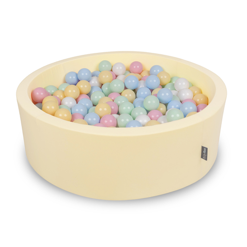 KiddyMoon Foam Ball Pit with Balls for Babies and Toddlers, Soft Sensory Play, Durable Removable Cover, Safe, butter: pastel blue/pastel yellow/white/mint/powder pink, 90 x 30 cm / 300 Balls