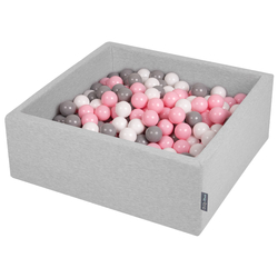 KiddyMoon Baby Foam Ball Pit with Balls ∅ 7cm / 2.75in Square Made in EU, light grey:white/grey/light pink, 90x30cm/200 balls