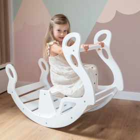 KiddyMoon Wooden Rocker for Kids Multifunctional Montessori Arch Wooden Toy Climbing Play Arch for Children, Seesaw Made of Wood for Babies WR-001, White, 90.6x39x69 cm