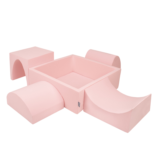 KiddyMoon Foam Playground for Kids with Square Ball pit ( ∅ 7cm/2.75In) Soft Obstacles Course and Ball Pool, Certified Made In The EU, pink:babyblue/powder pink/pearl, Ballpit (200 Balls) + Version 1