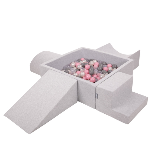 KiddyMoon Foam Playground for Kids with Square Ball pit ( ∅ 7cm/2.75In) Soft Obstacles Course and Ball Pool, Certified Made In The EU, lightgrey:pearl/grey/transparent/powderpink, Ballpit (300 Balls) + Version 5