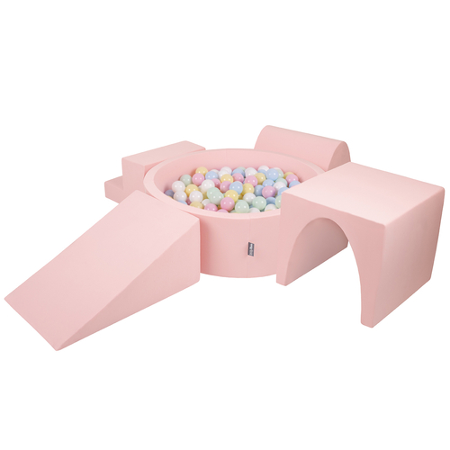 KiddyMoon Foam Playground for Kids with Round Ballpit ( ∅ 7cm/2.75In) Soft Obstacles Course and Ball Pool, Made In The EU, pink:pastel blue/pastel yellow/white/mint/light pink, Ballpit (300 Balls) + Version 3