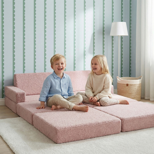 KiddyMoon Sofa for Kids in Foam with Soft Teddy Fabric, Modular and Foldable, with 2 Cushions, for Playing, Reading and Relaxing, pink, Sofa with 2 Pillows