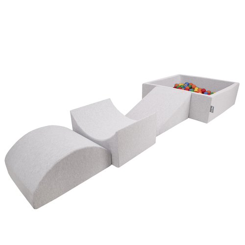 KiddyMoon Foam Playground for Kids with Square Ballpit ( ∅ 7cm/2.75In) Soft Obstacles Course and Ball Pool, Certified Made In The EU, lightgrey:yellow/green/blue/red/orange, Ballpit (200 Balls) + Version 4