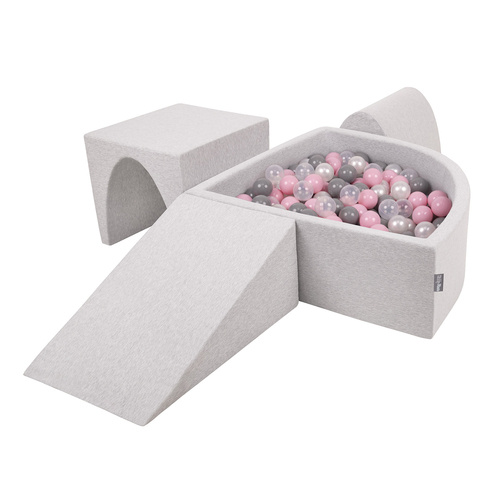 KiddyMoon Foam Playground for Kids with Quarter Angular Ballpit and Balls, lightgrey:pearl/grey/transparent/powderpink, Ballpit (300 Balls) + Version 2